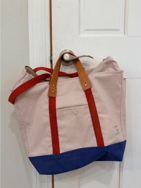 Immodest Cotton Small Zip Tote Bag in Light Pink with Navy Base and Red Straps
